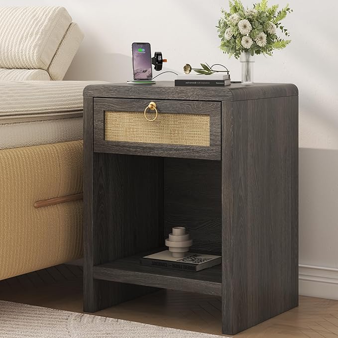 Rattan Nightstand Set of 2, Nightstand with Charging Station, Boho Bedside Table End Table with Drawer and Storage Shelf, Wood End Table Night Stand for Bedroom, Small Space, Grey Oak
