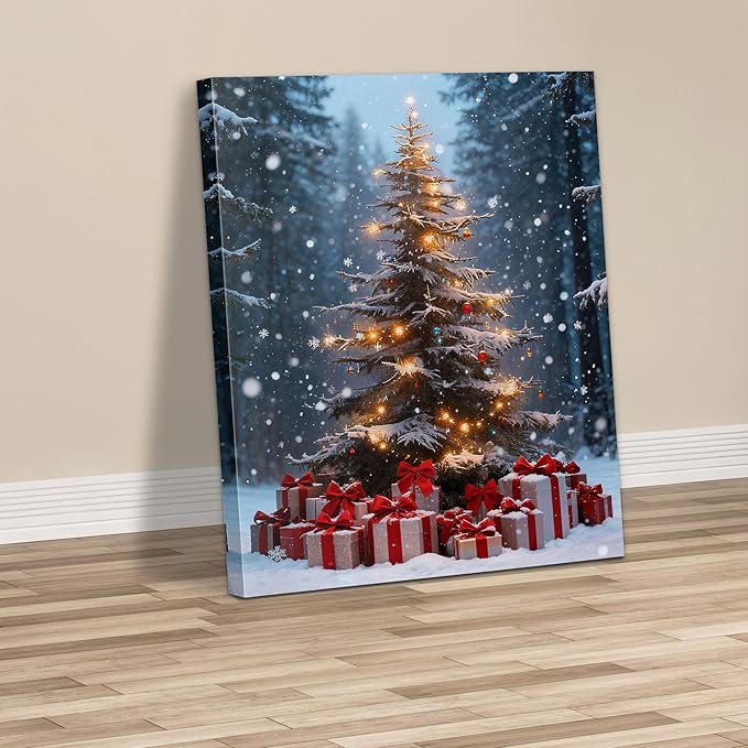 Framed Christmas Pictures Wall Decor,Vintage Pine Tree Prints,Winter Christmas Canvas Wall Art Decoration for Bedroom Bathroom Living Room Rustic Xmas Holiday Gifts (Christmas Tree 14, 20'' X 32'')