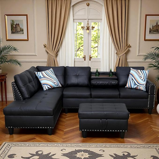 Leather 3-Piece L-Shaped Couches for Living Room, Sectional Sofa with Storage Ottoman & Movable Chaise, Modular Convertible Couch for Bedroom & Apartment, Deep Black