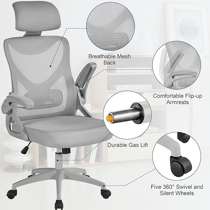 Yaheetech Ergonomic Mesh Office Chair, High Back Desk Chair with with flip-up Armrests, Adjustable Padded Headrest Computer Chair with Lumbar Support for Home Oiffce Game Room, Full Gray