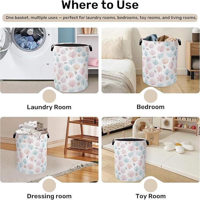 Starfish Coral Foldable Laundry Hamper - Waterproof Fabric Storage Basket with Handles, Clothes Hampers for Laundry,Bedroom,Dorm