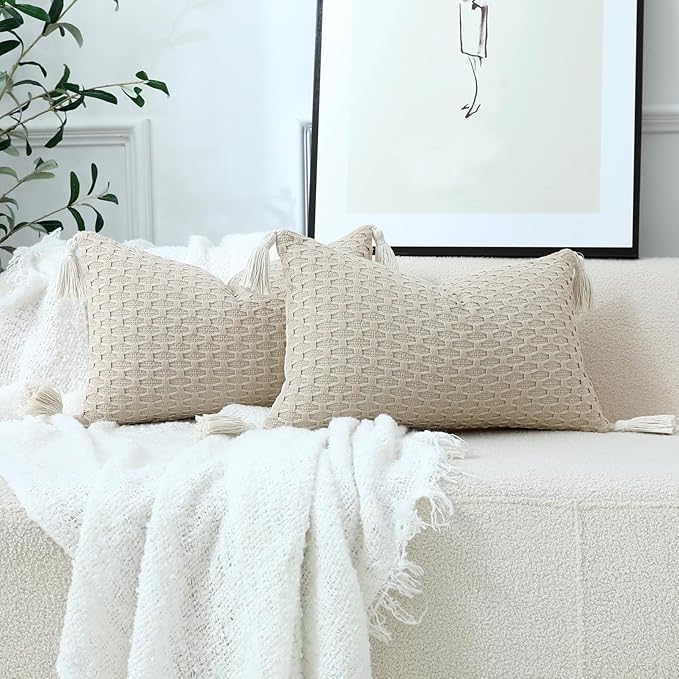sykting Boho Outdoor Lumbar Pillow Covers 12x20 Set of 2 Thick Woven Neutral Beige Throw Pillow Covers with Tassels for Couch Sofa Living Room