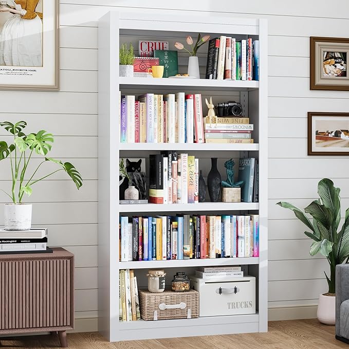 69" Metal Bookshelf and Bookcase | 5-Tier Adjustable Shelves, Deep Modern Storage Shelf for Living Room, Office, Bedroom (White)