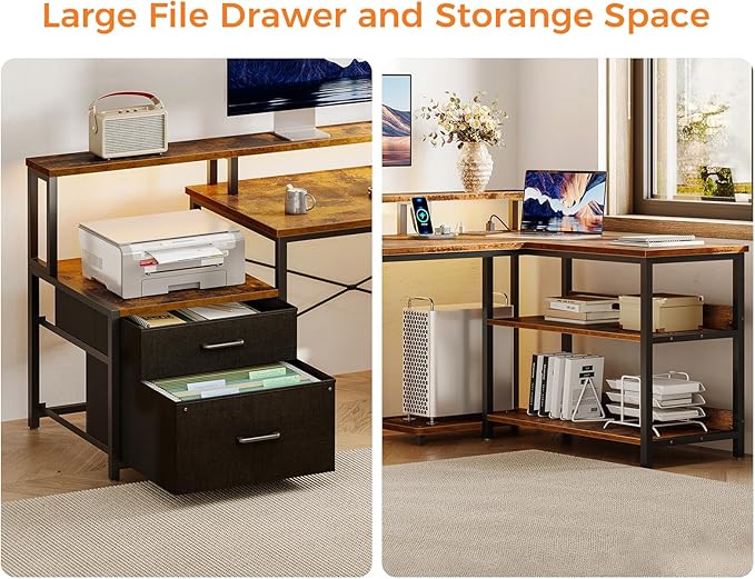 ODK L Shaped Desk with File Drawer, 75" Reversible L Shaped Computer Desk with Power Outlet & LED Strip, Office Desk with Storage Shelves, Gaming Desk with Monitor Shelf, Corner Desk, Vintage
