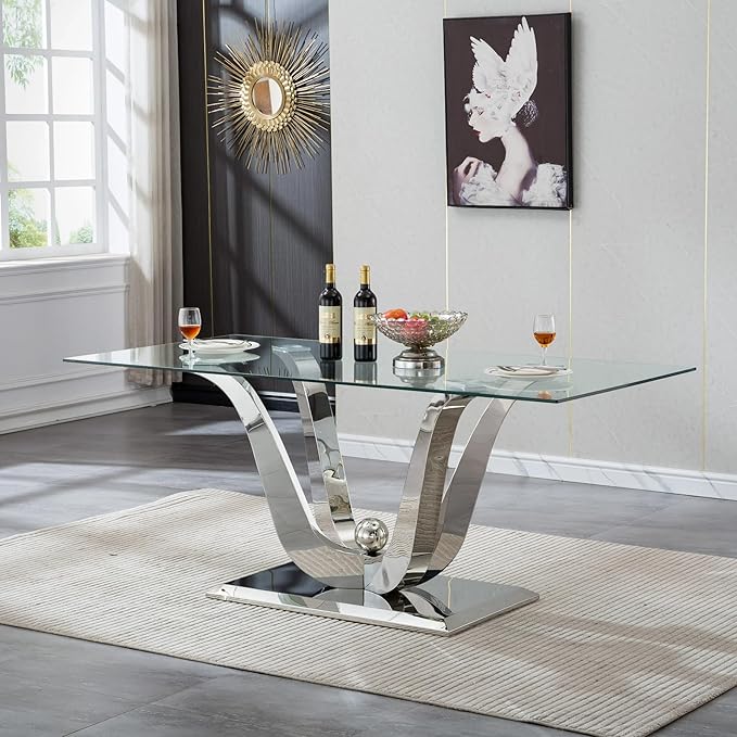 70" Modern Silver Glass Dining Table Set for 4, 5-Piece Rectangle Kitchen Dining Room Table Set with Steel Base & 4 Grey Velvet Upholstered Chairs, Modern Glass Kitchen Table and Chairs Set of 4