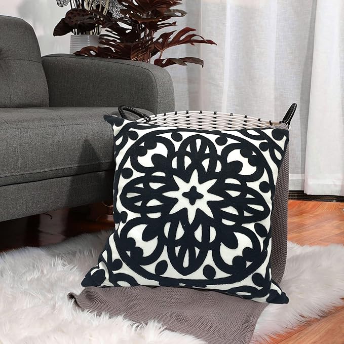 Alysheer Embroidered Decorative Throw Pillow Cover 20"x 20", Boho Mandala Modern Thick Embroidery Pattern, Durable Cotton Canvas Soft Cushion Case for Sofa Couch Bed Living Room (Black)