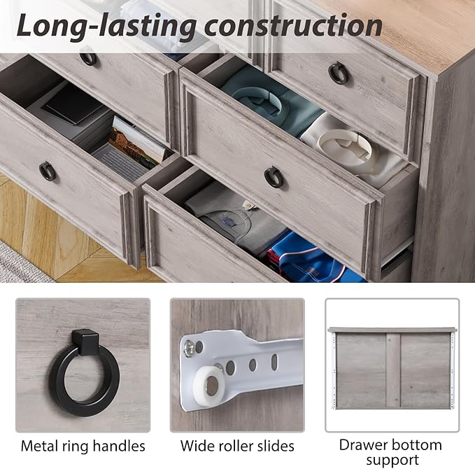 LGHM Modern Large 10 Drawer Dresser, Long Dressers for Bedroom, Chest of Drawers Closet Organizers and Storage Clothes - Textured Borders, 6" Deep Drawer for Living Room, Hallway, Gray
