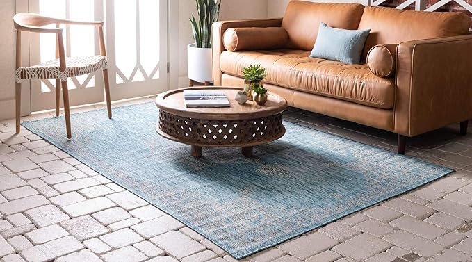 Unique Loom Outdoor Traditional Collection Area Rug - Antique (8' x 11' 4" Rectangle, Light Aqua/ Gray)