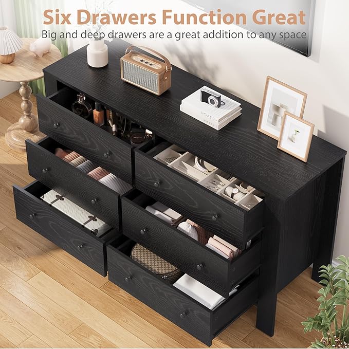GarveeHome Black 6 Drawer Dresser for Bedroom, Modern Wide Dresser Organizer with Storage Drawers, Wooden Chests of Drawers for Bedroom, Entryway, Hallway, Home Office