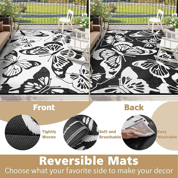 Beeiva Butterfly Outdoor Rug 6x9, Reversible Indoor Outdoor Rugs Waterproof, Lightweight Plastic Patio Rug for Camping, Deck, Balcony, Backyard - Black & White