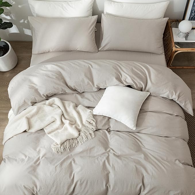 MooMee Bedding Duvet Cover Set 100% Washed Cotton Linen Like Textured Breathable Durable Soft Comfy (Heathered Cream Grey, Super King Plus 120"x120")