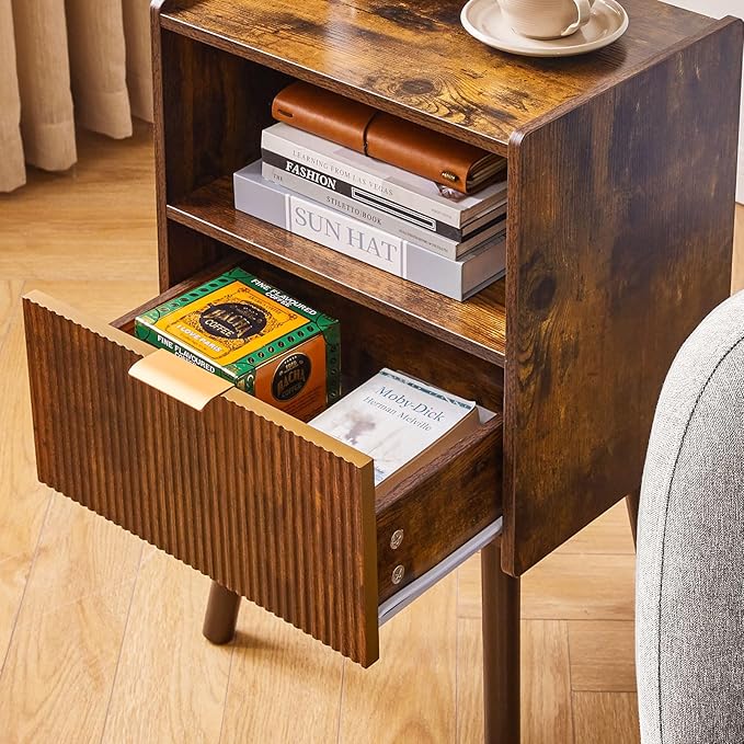 Night Stand with Drawer, Modern Nightstand, Bedside Tables, Mid Century Nightstands with Open Storage Shelf,Small Night Stands, 2-Tier Night Table,Rustic Brown YD-TM061H