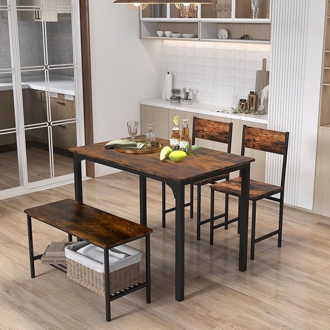 Tangkula Dining Table Set for 4, Kitchen Table and 2 Chairs for 4 with Bench, 4 Piece Dining Table Set for Small Space, Apartment