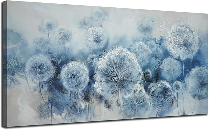 Arjun Flower Wall Art Indigo Blue Dandelion Floral Canvas Painting Watercolor White Textured Modern Artwork Large Framed for Living Room Bedroom Dinning Room Bathroom Home Office Wall Decor, 40"x20"