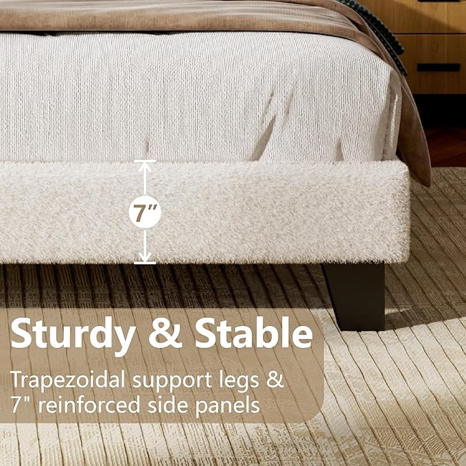 Full Size Bed Frame with Adjustable Headboard, Boucle Cloud Platform Bed with Wood Slats, Mattress Foundation, No Box Spring Needed, Easy Assembly, Beige