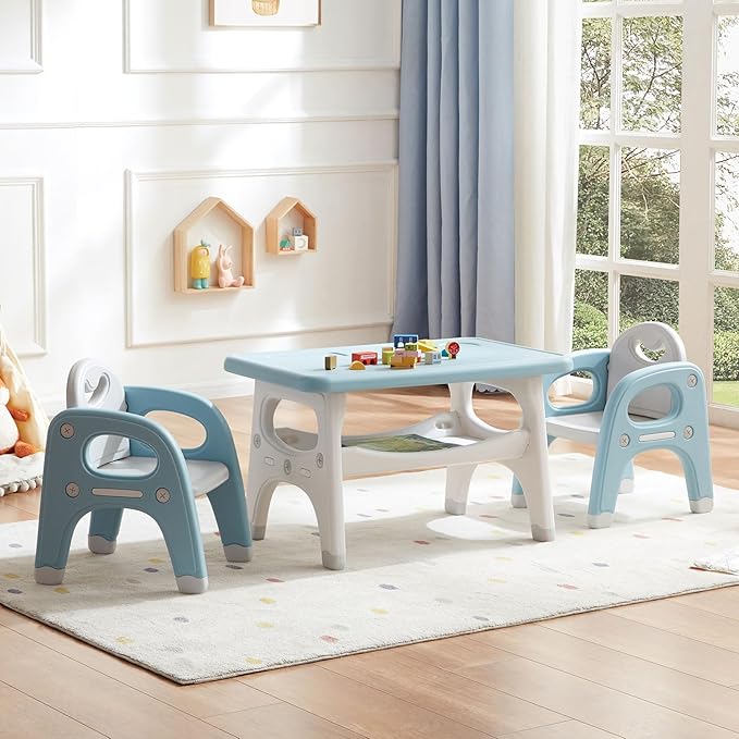 Kids Table and Chair Set, Plastic Children Activity Table with 2 Chairs, Toddler Table and Chair Set for Reading, Drawing, Snack Time, Arts Crafts, Preschool, Gift for Boys Girls