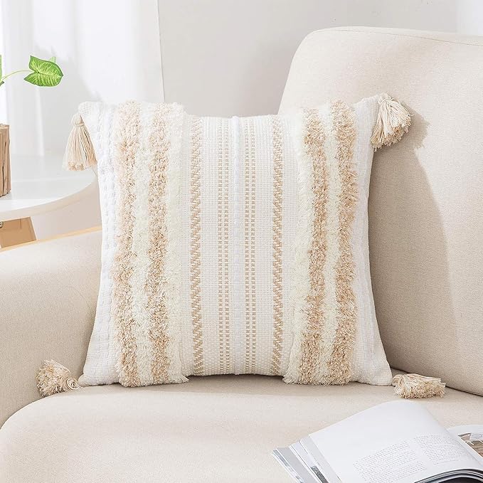 decorUhome Decorative Boho Throw Pillow Cover 20x20, Accent Neutral Textured Tufted Pillow Cover Striped for Couch Bed Sofa, Khaki and Cream White, Pack of 1