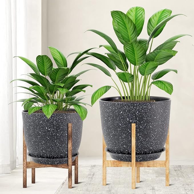 WOUSIWER Plant Pots 10/9/8 inch, Set of 3 Modern Decorative Plastic Planters with Drainage Holes and Saucers for House Plants Indoor Flowers Plants, Black with White Speckles