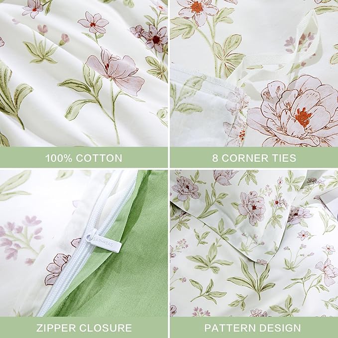 SAPHREAS Lavender Floral Duvet Cover Set Full Size 3pcs Pink Floral Green Branches Bedding Comforter Cover Set 100% Cotton 1 Duvet Cover 90"x80" 2 Pillow Shams, Comforter Not Included