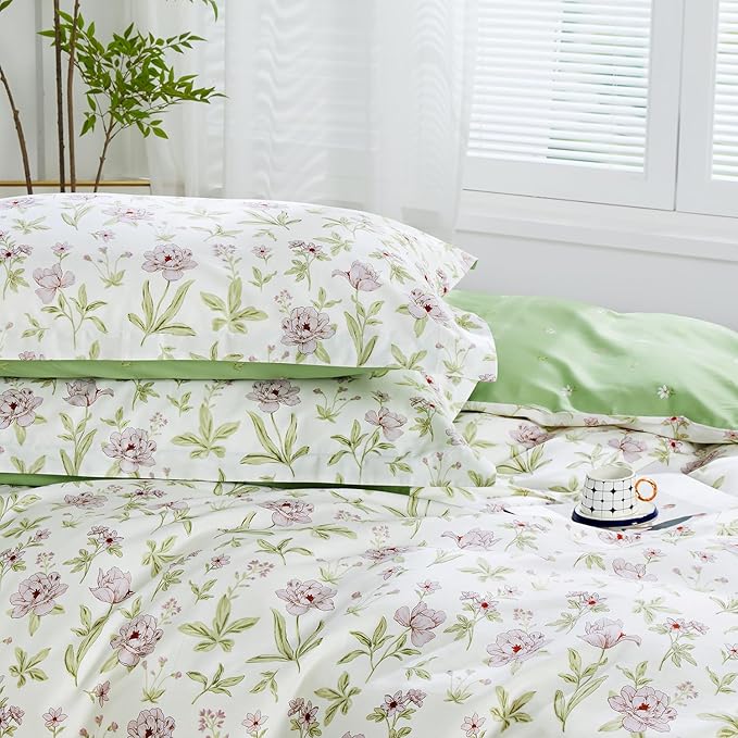 SAPHREAS Lavender Floral Duvet Cover Set Twin Size 2pcs Pink Purple Flower Green Branches Blossom Bedding Comforter Cover Set 100% Cotton 1 Duvet Cover 68"x90" 1 Pillow Sham, Comforter Not Included