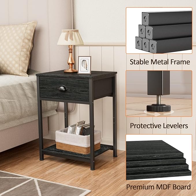 Nightstands Set of 2, Industrial End Table with Fabric Drawer&Storage Shelf, Small Bedside Table Organizer for Small Space for Living Room, Tall 23.6" Night Stand for Bedroom, Black Oak