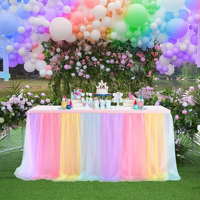 Suppromo 2 Pack 6ft Rainbow Table Skirt for Birthday Party Tulle Tutu Table Skirt for Baby Shower Girl Boy Gender Reveal Rainbow Tablecloth for Unicorn Party Decorations