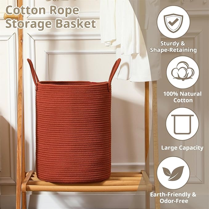 40L Woven Laundry Basket Hamper, 100% Natural Cotton Rope, Handwoven & Durable, Storage for Blankets, Toys, Clothes, Decorative Nursery Hamper for Living Room, Baby Room, Bedroom (Terracotta)
