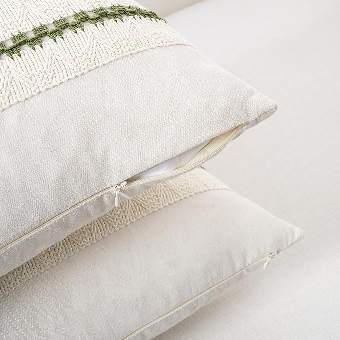 Fancy Homi Set of 2 Boho Moss Green Decorative Throw Pillow Cover 18x18 Inch for Couch Bed Sofa, Aesthetic Modern Organic Farmhouse Home Decor, Soft Cotton Cute Accent Macrame Woven Cushion Case