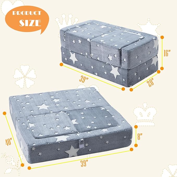 Kids Play Couch 3-in-1 Modular Toddler Baby Couches Foam Armchair for Boys & Girls Children Convertible Sofa to Lounger Fold Out Kids Furniture Sofa Play Set, Grow in The Dark Star
