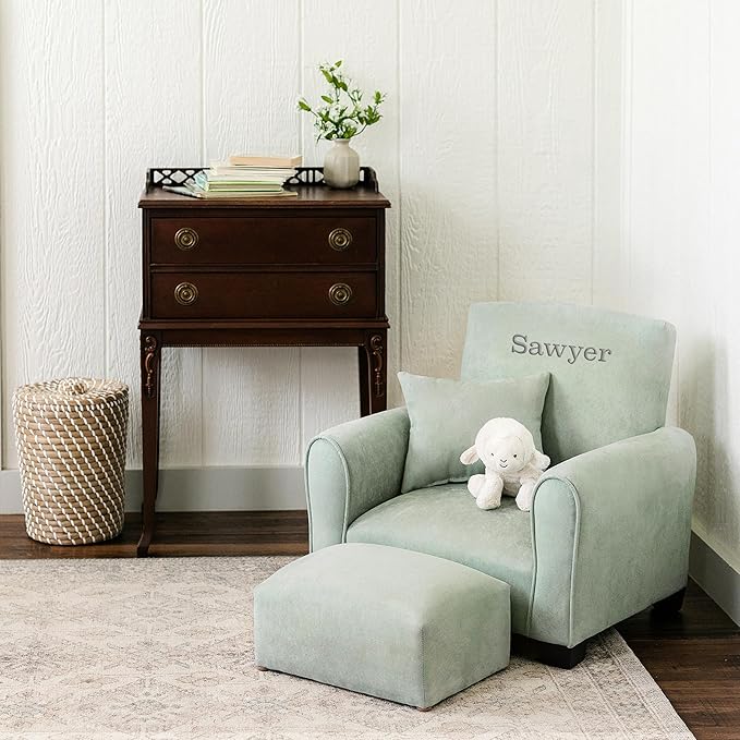 Toddler Personalized Armchair, Kids Upholstered Rocking Chair with Personalization, Toddler Chair with Personalized Name, Comfy Child Armchair, (Seafoam Green Suede, Legs)