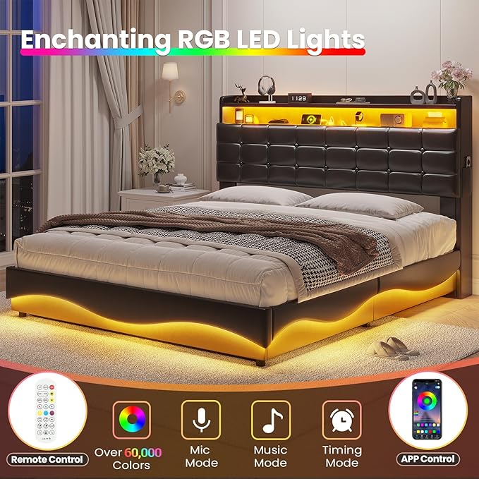 ADORNEVE Lift Up Storage Queen Bed Frame with Type-C Charging Station& Hidden Storage Headboard, LED Lights Upholstered Platform Bed,Queen Bed with Hydraulic, No Box Spring Needed,Black