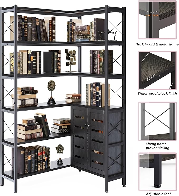 Corner Bookshelves and Bookcases Industrial Corner Etagere Bookcase L Shaped Shelf 6 Tiers with Metal Frame for Living Room Home Office