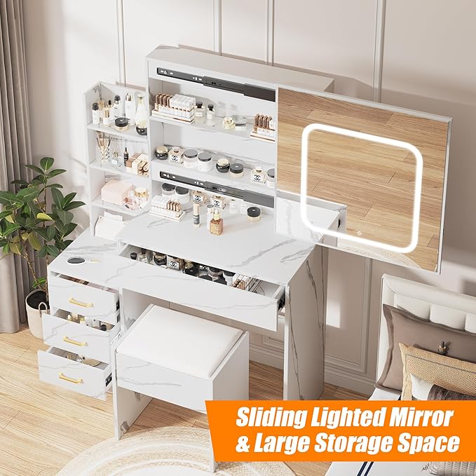 Vanity Desk With Mirror and LED Lights, Makeup Vanity Desk With Sliding Mirror, Power Outlet, 3 Color Adjustable Light, Dressing Table With 4 Drawers, Storage Shelves & Stool for Bedroom, Marble-White