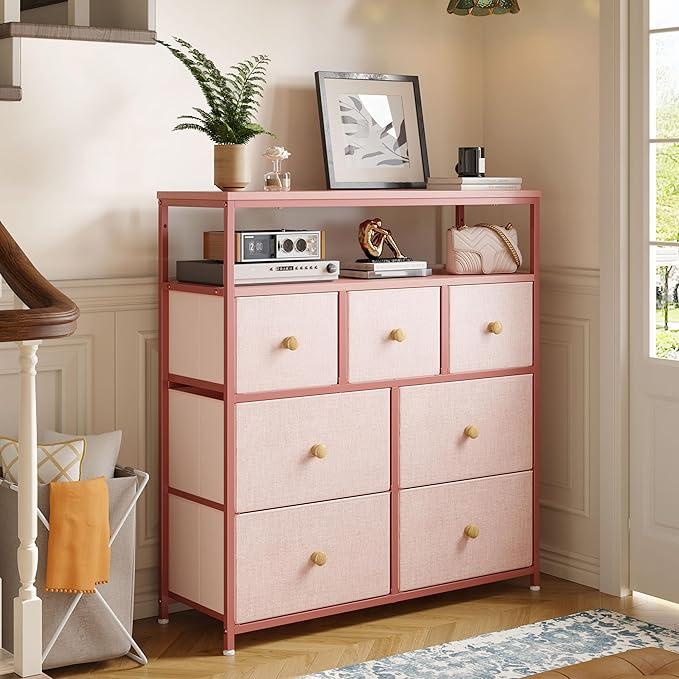 EnHomee Dresser for Bedroom with 7 Drawers and 2 Shelves,Tv Stand for Bedroom,Pink Dresser for Closet,Hallway,Entryway,Dormitory,Dorm Storage