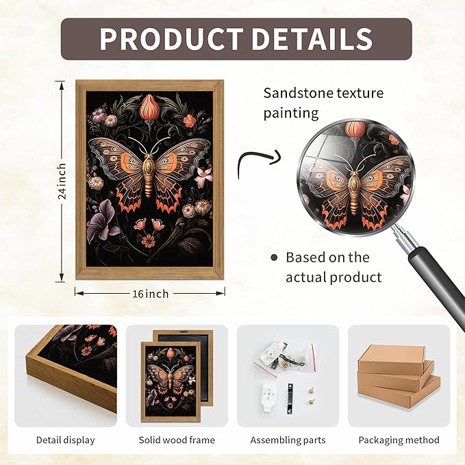Framed Vintage 3D Textured Wall Art - Gothic Butterfly Wall Decor - Hand Drawn Sandstone Nature Botanical Pictures for Living Room Bedroom Home Decor 16x24 inches