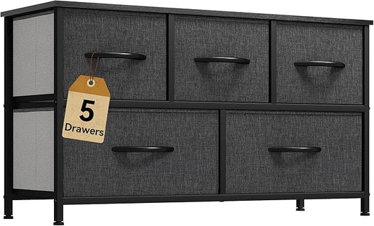 DWVO Dresser with 5 Drawers - Fabric Storage Tower, Black Dresser & Chest of Drawers, Organizer Unit for Bedroom
