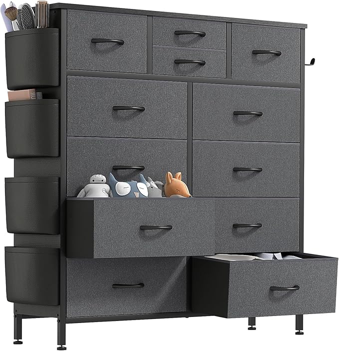 Lulive Dresser for Bedroom with 12 Drawers, Tall Dresser Chest of Drawers with Side Pockets and Hooks, Fabric Dresser Storage Tower for Closet, Hallway, Living Room (Dark Grey)