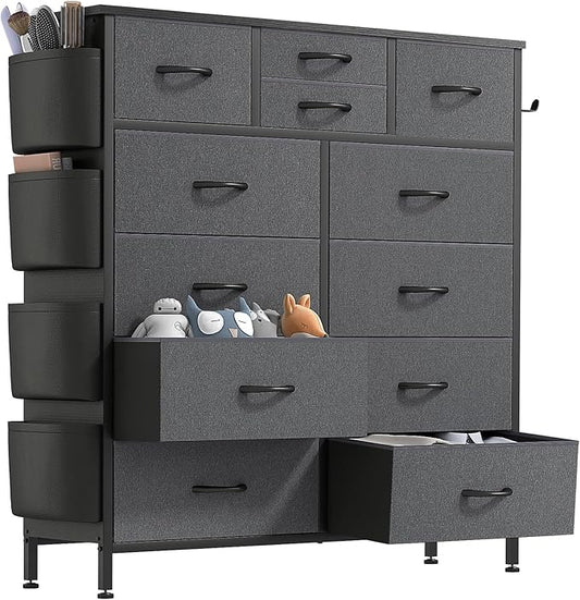 Lulive Dresser for Bedroom with 12 Drawers, Tall Dresser Chest of Drawers with Side Pockets and Hooks, Fabric Dresser Storage Tower for Closet, Hallway, Living Room (Dark Grey)