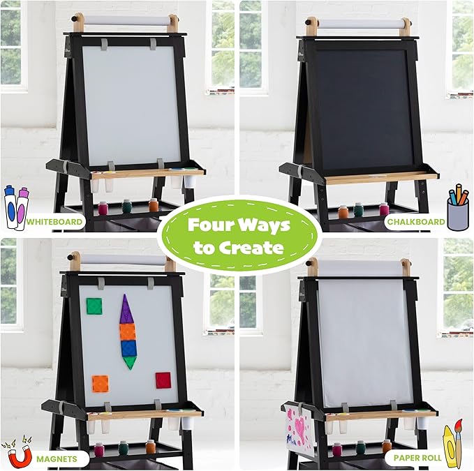Little Partners Deluxe Learn 'N Play Toddler Easel for Kids, Two-Sided Art Center with Chalkboard, Magnetic Dry Erase Whiteboard, Paper Feed, Storage Bins, Paint Containers (Charcoal & Natural)