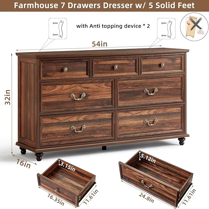 Farmhouse 7 Drawers Dresser for Bedroom, Brown 54 Inch Wide Chest of Drawers w/ 4 Wooden Legs, Large Vintage Rustic Closet Dressers for Living Room, Wood TV Stand with Storage Organizer