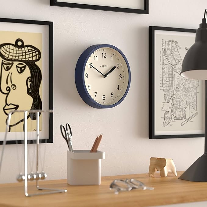 JONES CLOCKS® Spin Wall Clock | Small Modern Round Clock | 8inch | Dark Blue | Easy to Read Numbers | Ideal for Kitchen, Office, Children’s Room or Any Small Space