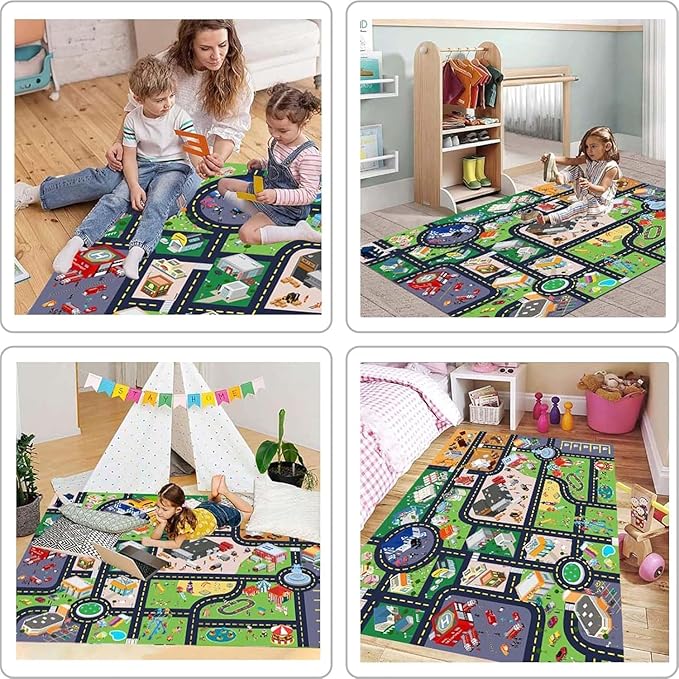 Kids Rug Playroom Car Rug Play Mat City Life Road Rug for Cars Fun City Map for Track Toys,Carpet for Bedroom Boys (city01, 5.2×7.9ft/63×94in)