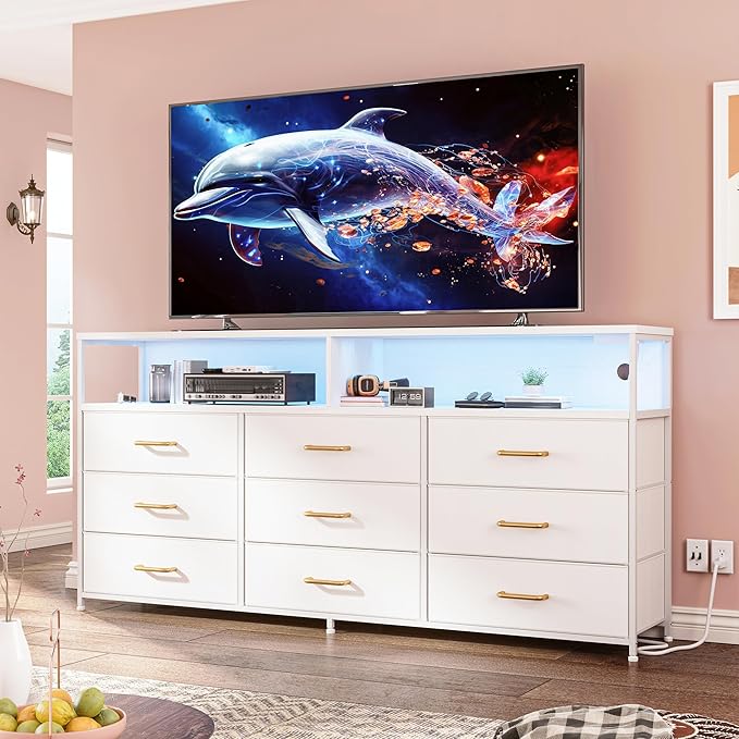 55” W White Dresser for Bedroom with Charging Station & LED, 65" TV Stand for Bedroom with 9 Fabric Drawers, Sturdy Chest of Drawers with Open Storage Shelves for Closet, 55.12" Wx11.81 Dx35.43 H