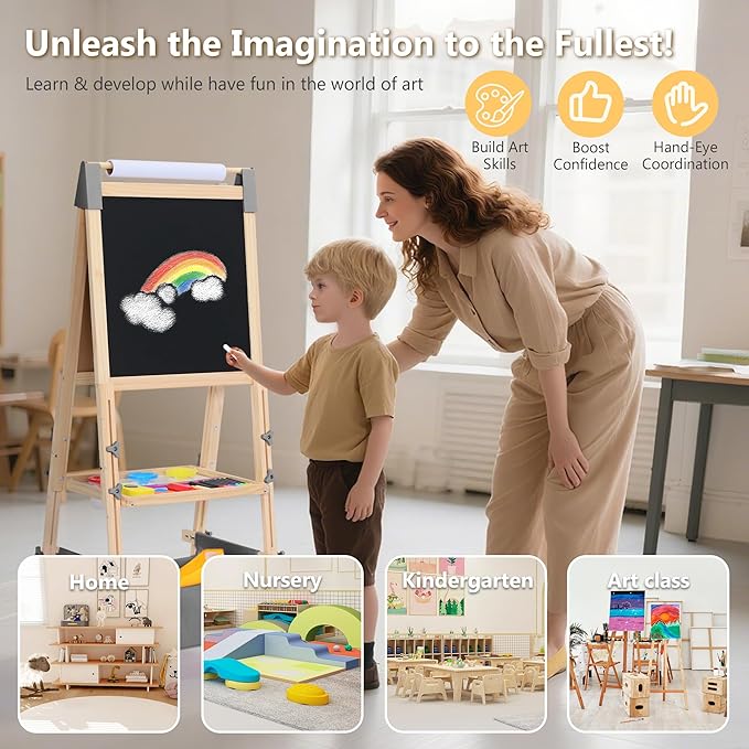 Kinder King Wooden Kids Easel, 3 in 1 Adjustable Art Easel for Kids, Double-Sided Magnetic Whiteboard & Chalkboard, Paper Roller, Art Supplies, Coloring Drawing Easel Toddler Gift Ages 3+, Grey