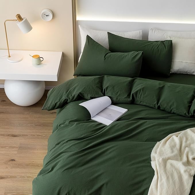 JIYUAN 100% Washed Cotton Duvet Cover Set 3 Pieces Cal King, 1 Duvet Cover 104x98 Inches(Comforter Not Included) and 2 Pillowcases,Linen Feel Bedding Set Comfy and Breathable,Forest Green
