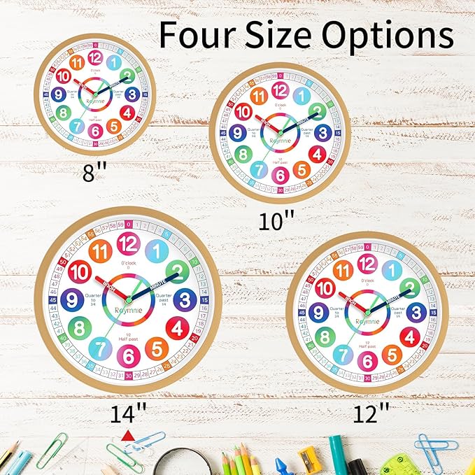 Learning Clock for Kids Telling Time Easily Teaching Clock Silent Non Ticking Battery Operated Colorful Teaching Time Large Clock Decorative for Kids Room Classroom School Playroom (14 Inch)