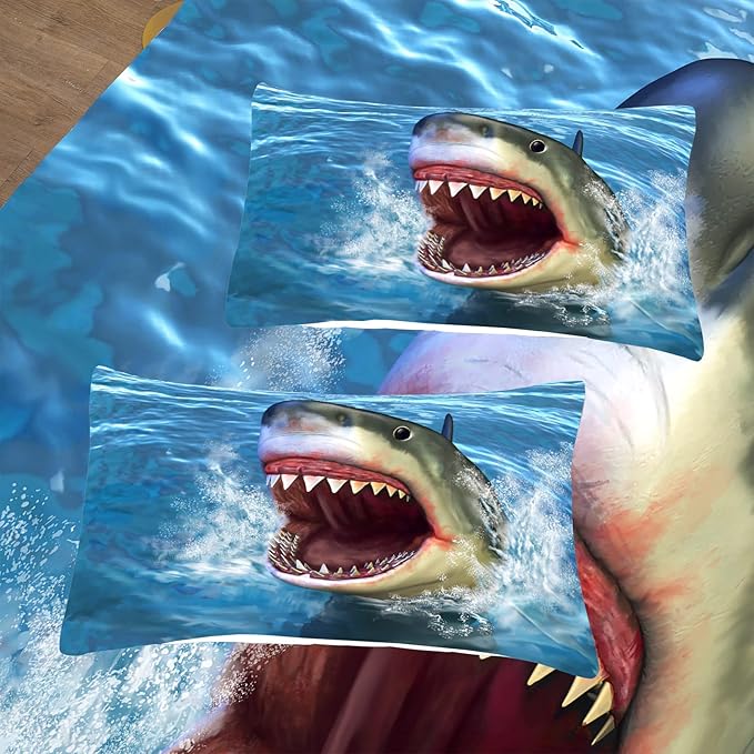 Tailor Shop Big Shark Comforter Set for Boys Teens Shark Open Big Mouth Blue Ocean Comforter Shark Bedding Set Twin Size with 1 Comforter 1 Pillowcase…