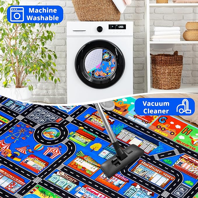Kids Rugs for Toy Cars Playroom 59"×39.4" ABC Transportation Animals Play Mat Educational Mat Alphabet Area Rug Public Buildings Kids Playtime Collection Toddler Learning Carpet