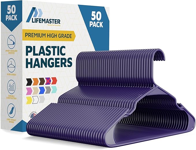 Plastic Clothes Hangers – Heavy Duty Hanger Set, for Organizing Clothes, Dresses, and Coat, Holds Up to 5 lbs, Space-Saving Hangers with Non-Slip Shoulder Grooves, Pack of 50, Purple