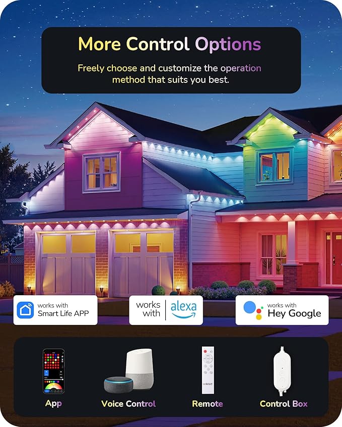 EDISHINE Cuttable Permanent Outdoor Christmas Lights PRO, 100FT 60 LED RGB+IC+Warm White Eave Light, 111+ Scene Mode, Smart APP/Voice & Remote, IP67 for House Year-Round Decor, Work with Alexa, Google